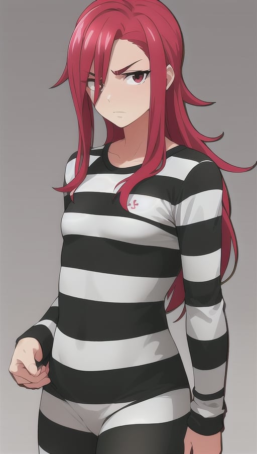 best quality)), ((highly detailed)), masterpiece, anime drawing of one man with red hair, in an anime style, in anime style, erza scarlet, in japanese anime style, very modern anime style, with red hair, (male), older man, (flat_chested), (thick_eyebrows), (pony_tail), striped, prison clothes, black & white stripes, striped_clothes, upper_body, long_sleeves, striped_shirt, pillbox hat