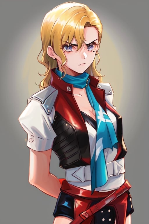 (masterpiece, best quality, high quality, highres), 1girl, hirokosmtii, blonde hair, gloves, mole under eye, scarf, jacket, (((hands behind back))), (((arms behind back))), angry, upper_body, ((facing_viewer)), 