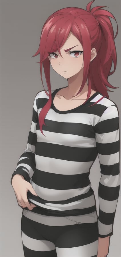 best quality)), ((highly detailed)), masterpiece, anime drawing of one man with red hair, in an anime style, in anime style, erza scarlet, in japanese anime style, very modern anime style, with red hair, (male), (flat chest), older man, (flat_chested), (thick_eyebrows), (pony_tail), striped, prison clothes, black & white stripes, striped_clothes, upper_body, long_sleeves, striped_shirt, v_arms