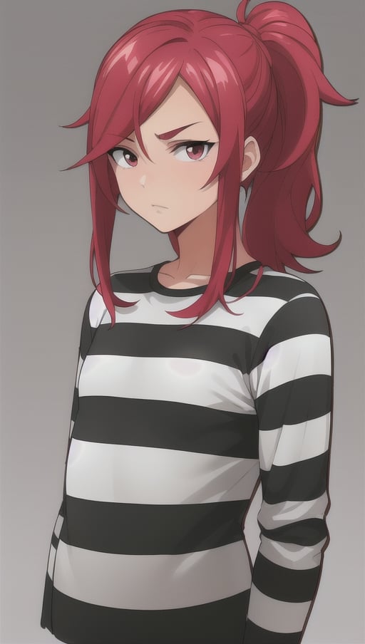 best quality)), ((highly detailed)), masterpiece, anime drawing of one man with red hair, in an anime style, in anime style, erza scarlet, in japanese anime style, very modern anime style, with red hair, (male), older man, (flat_chested), (thick_eyebrows), (pony_tail), striped, prison clothes, black & white stripes, striped_clothes, upper_body, long_sleeves, striped_shirt, 