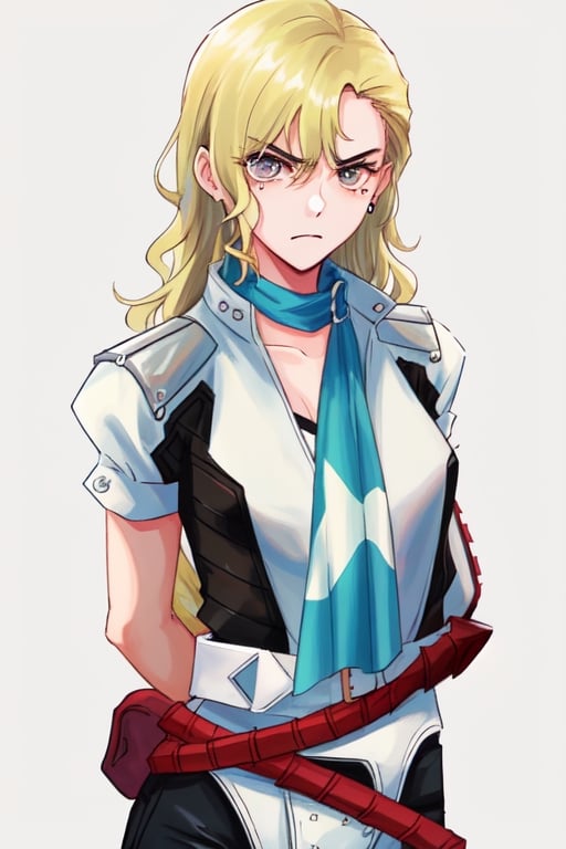 (masterpiece, best quality, high quality, highres), 1girl, hirokosmtii, blonde hair, gloves, mole under eye, scarf, jacket, (((hands behind back))), (((arms behind back))), angry, upper_body, ((facing_viewer)), 