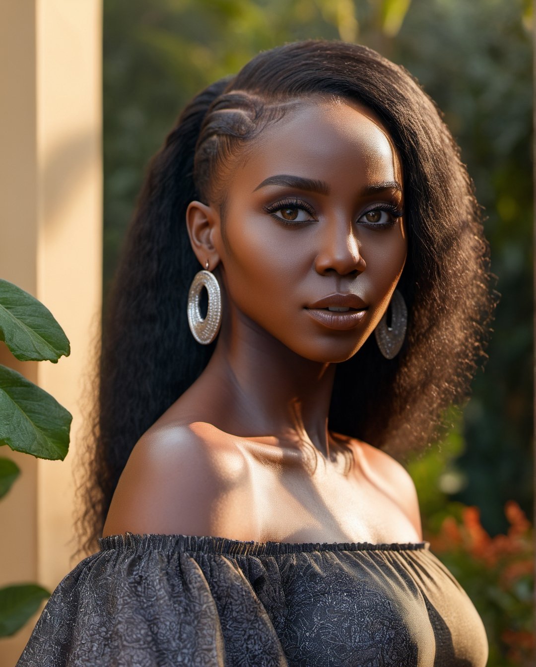 Extremely Realistic, An extremely beautiful Kenyan lady at the age of 26, with long stylish black hair, natural light skin tones, detailed accurate facial features, natural skin textured, realistic eyes, realistic lips, wearing a black off shoulder SHEIN dress, garden background, shot with Canon R5, f 2.8, 1/300 shutter at golden hour,

In frame, accurate perspective, vibrant, Sharp, focus, Clear, vibrant colors, vibrant lighting, natural lighting,  natural setting, realism, naturalism, detailed, Natural, realistic, high contrast, natural color contrast, photo, accurate, rich colors, bold, accurate colors, eye-catching, professional, authentic, real, cinematic, photo-perfect, lifelike, accurate details, detailed surroundings, accurate shadows & highlights, accurate lighting, photorealistic, high resolution, ultra detail, hyperrealistic, 8K,