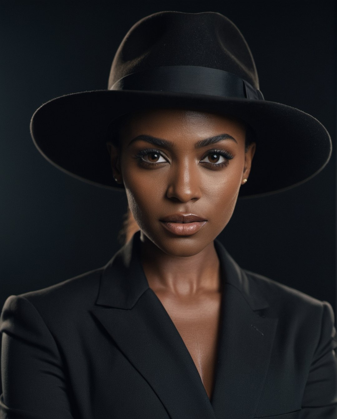 A medium shot of a realistic real life appearance of a beautiful 26 year old girl, dark skintone, realistic eyes, realistic eye balls, realistic face, beautiful face, make up on, wearing black blazer, topless and black hat, black background looking at the camera, superb cinematic color grading,sharp focus, award-winning photograph, headshot portrait, beautiful features, cinematic shot, dynamic lighting, 100mm, Technicolor, Panavision, cinemascope, sharp focus, fine details, 8k, HDR, realism, realistic, key visual, film still, depth of field, aesthetic portrait,more saturation 