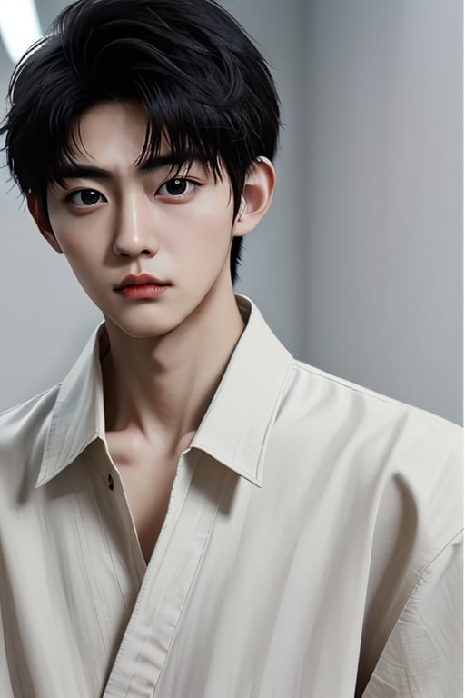 A boy, Asian, with double eyelids, high nose bridge, deep eyes, black hair, wearing fashionable clothes, staring at the camera,16k。reality 18 years old internet celebrity Perfect proportions of facial features