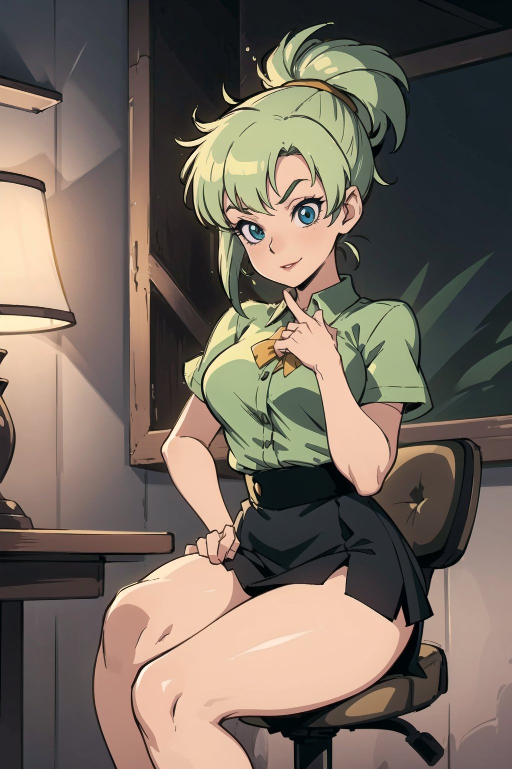 Hands_on_waist,mischievous_look, mini_skirt(()),blouse,,busty,tight_thighs,seductive_pose,school_uniform,bulma \(dragonball\), officelady ,skirt,(buttercup)sit,tinker bell