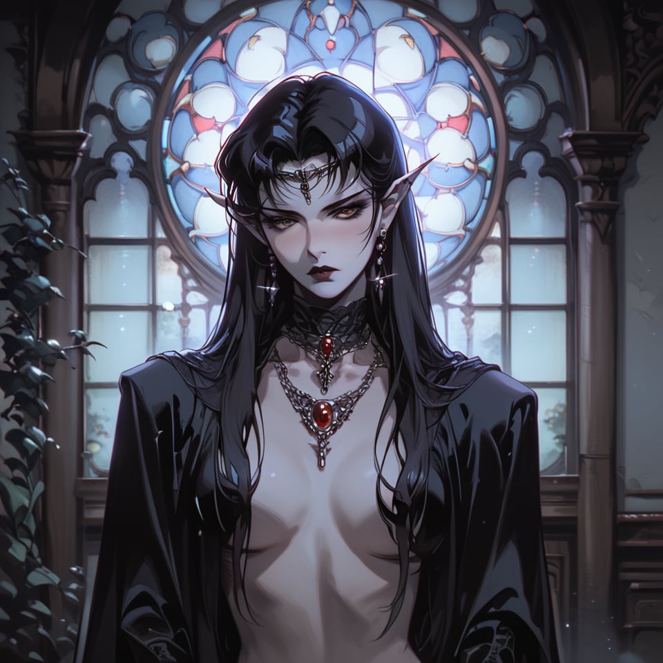 score_9, score_8_up, score_7_up, ((mature vampire (standing at doorway))), front view, ((gothic chateau interior)), ((gothic atmosphere)), long hair, ((mature)), ((vampiric)), (serious tone), (((nude))), cape, (((jewelry))), lace, ((elegant)), night, intricate details, [blush], 1990s (style), (circlet), earrings, ((cool pose)), (realistic), (((nsfw))), [pointy ears], small breasts, (dramatic colors), (((dramatic lighting))), ((moonlight)), 90s4n1m3, Expressiveh, light beams, dust, goth girl, ((100 fov)), close-up