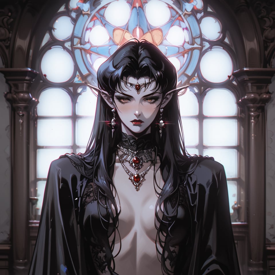 score_9, score_8_up, score_7_up, ((mature vampire (standing at doorway))), (front view), ((gothic chateau interior)), ((gothic atmosphere)), long hair, ((mature)), ((vampiric)), (serious tone), (((nude))), cape, (((jewelry))), lace, ((elegant)), night, intricate details, [blush], 1990s (style), pointy ears, (circlet), earrings, (cool pose), (realistic), (((nsfw))), small breasts, (dramatic colors), (((dramatic lighting))), ((moonlight)), 90s4n1m3, Expressiveh, light beams, dust, goth girl, ((100 fov)), close-up