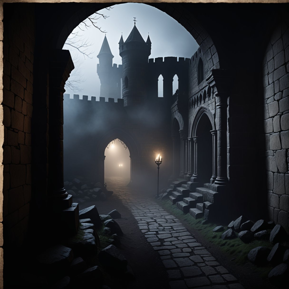 Image of a medieval environment, loneliness and death, in the middle of a battle, in a dark and sinister place, darkness and shadows,
just fog, darkness and nothing else.
break:
medieval setting, night darkness and mystery