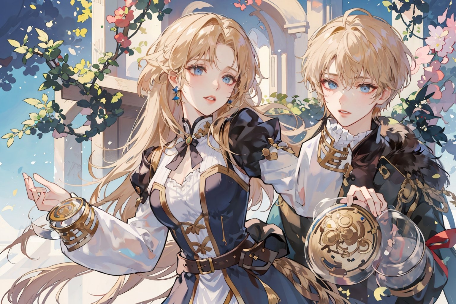 Appearance: Woman, royal noble princess, beautiful face, dark blue eyes, golden Rapunzel hair, slender figure.
Personality: witty, brave, kind, cheerful
Characteristics: Often wears European court clothing
Korean comic style