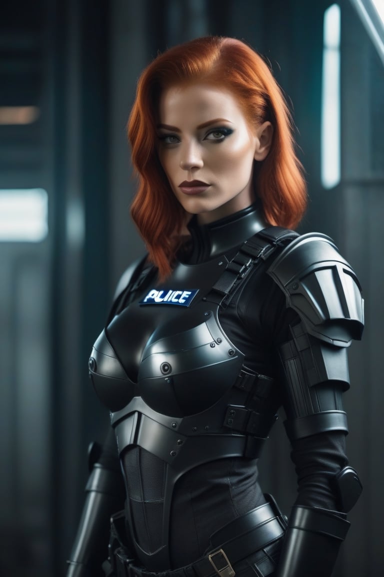 a sexy redhead woman in a sexy, tight, short, slim fit police armour, cyberpunk ambient,p3rfect boobs,cinematic  moviemaker style,photo r3al,aesthetic portrait,cleavage,r4w photo