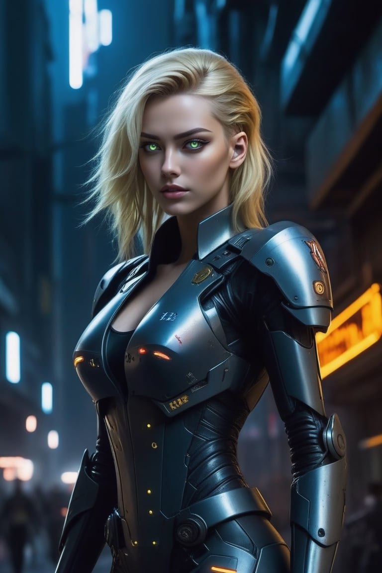In the dark, gritty streets of a cyberpunk world, a beautiful android patrols in her tight, military uniform. Her blonde hair cascades down her back as she moves with grace and precision. The glow of her cybernetic eyes pierces through the night, a symbol of her advanced technology and strength.