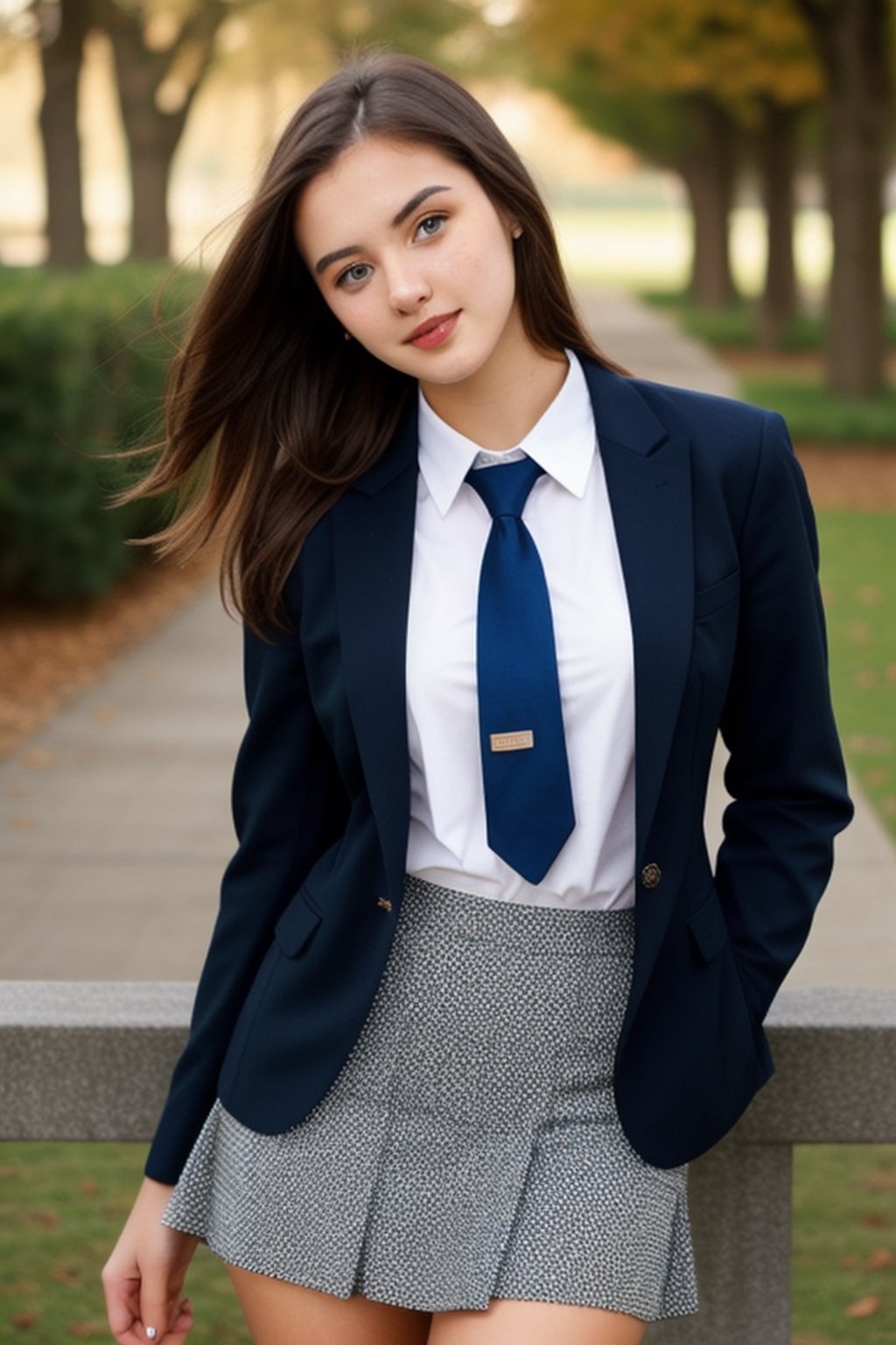 A beatiful 21 years old brunette woman, gorgeus, perfect face, beautiful body, she wearing college uniform with tie, blazer and skirt ,Realism