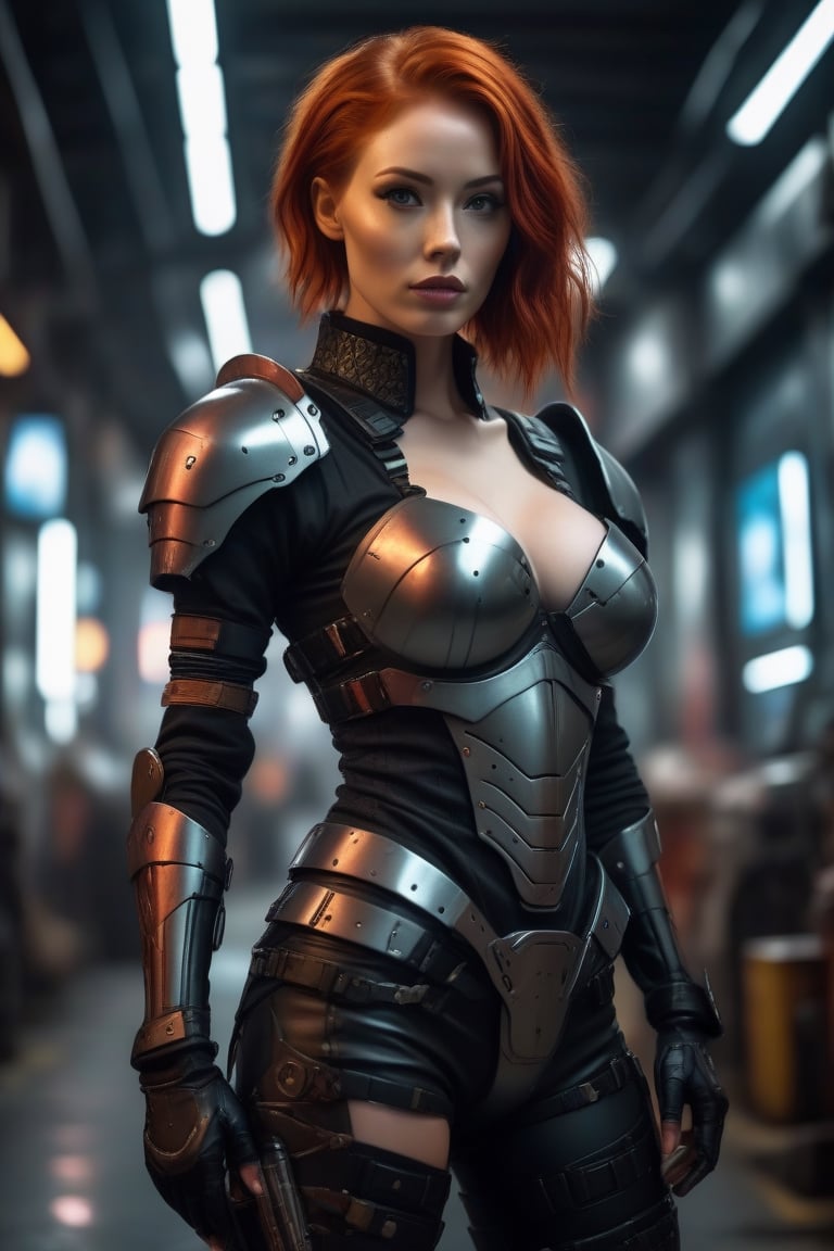a sexy redhead woman in a sexy, tight, short, slim fit armour, cyberpunk ambient,p3rfect boobs,cinematic  moviemaker style,photo r3al