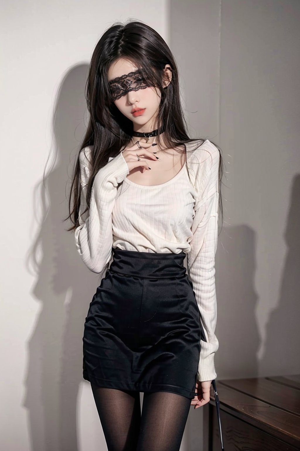 1girl, solo, long hair, skirt, shirt, black hair, long sleeves, standing, cowboy shot, indoors, miniskirt, sweater, lips, black shirt, shadow, white skirt, facing viewer, pencil skirt, blindfold, hand on own chin, ((poakl))(Close your eyes),1girl,((small waist:1.3)),((big_breasts:1.3))