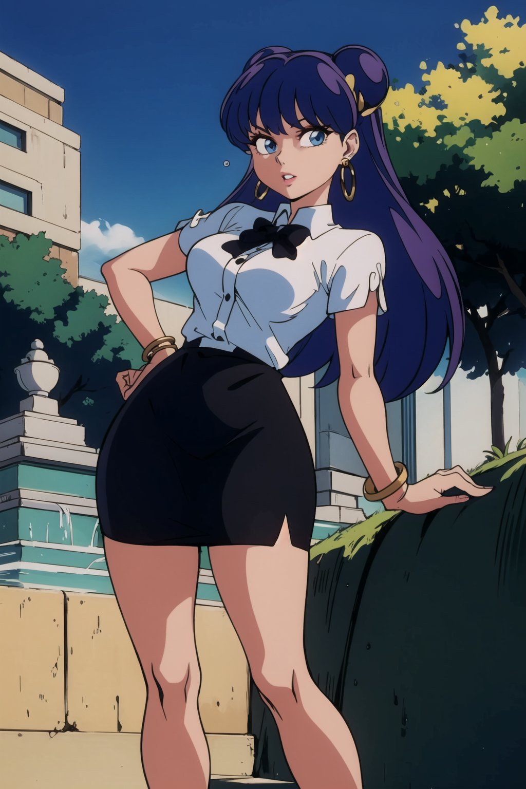 1girl, solo, long hair, breasts, looking at viewer, blue eyes, skirt, shirt, , bow, jewelry, medium breasts, white shirt, short sleeves, earrings, outdoors, parted lips, day, collared shirt, black skirt, bracelet, tree, pencil skirt, high-waist skirt, hoop earrings, shirt tucked in, fountain,double_buns,seductive_pose,