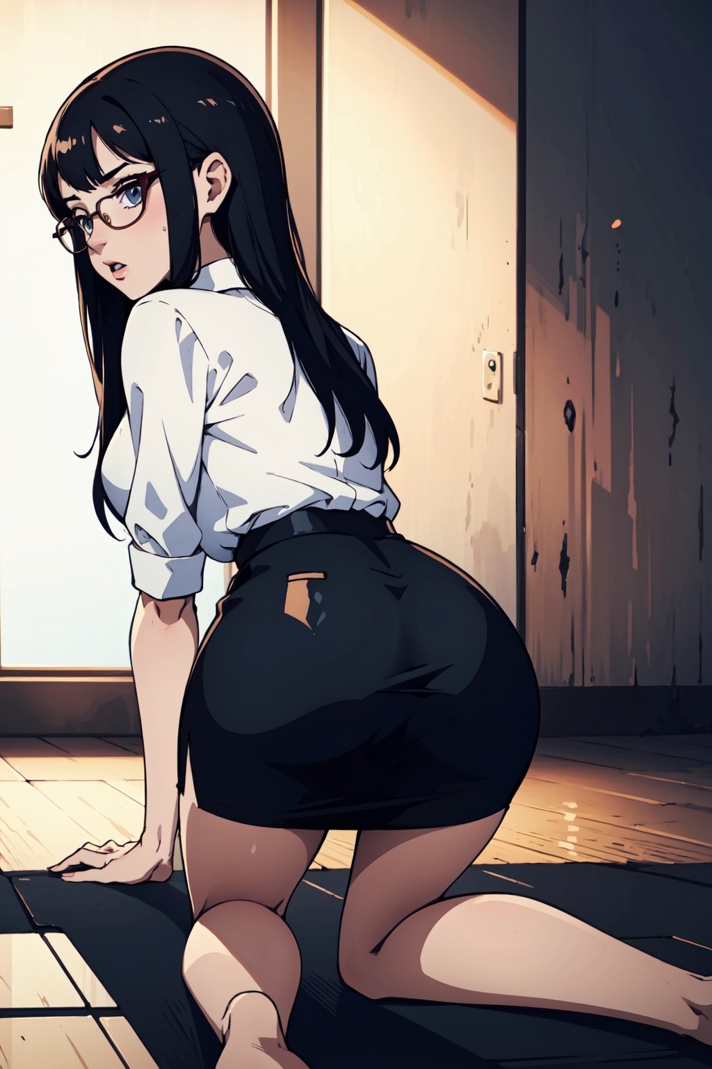 ,pencil_skirt,blouse,glasses,very_long_hair,On all fours ,taken_from_behind