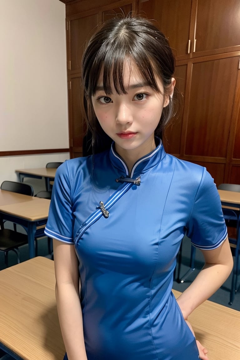 (Fujifilm), hyperealistic, 8k raw photo, full body picture, 15 years old Hong Kong student girl, skinny and short, regular breast size, in a short sleeves blue cheongsam, in a classroom,Detailedface, looking at viewers,1girl,hk_girl,hk,standing on a table, 