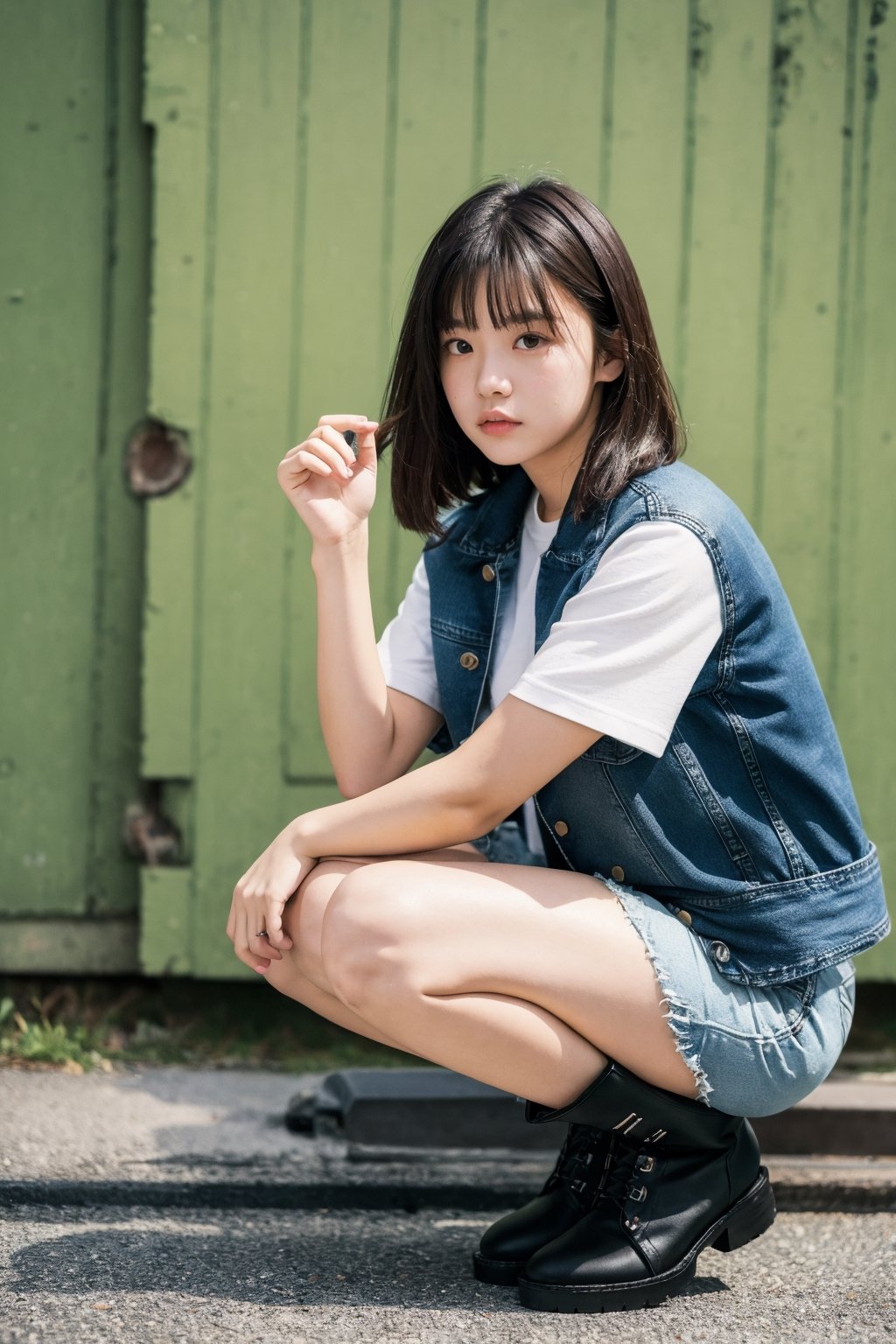 (masterpiece, realistic, ultra high res, high quality:1.2),18 years old cute girl, nakamori akina ,photorealistic, full body, wearing a very short hot pants, a denim jacket, white t shirt, biker boots,Detailedface, squatting, trying to fix a motorcycle 