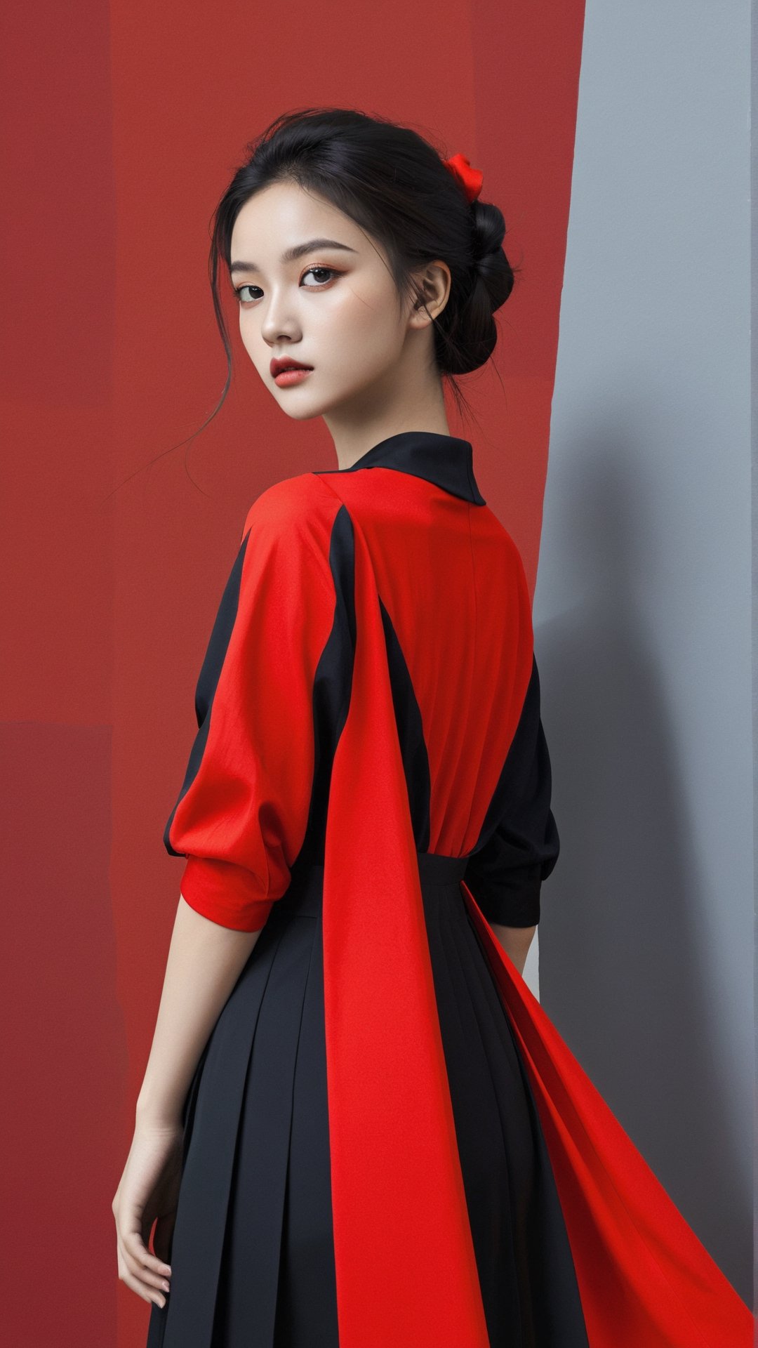 contrast,The girl is black and red,1girl,color patches,(Masterpiece, high quality, best quality, official art, beauty and aesthetics:1.2),color block background,concept clothing,garment draping,
,more detail XL