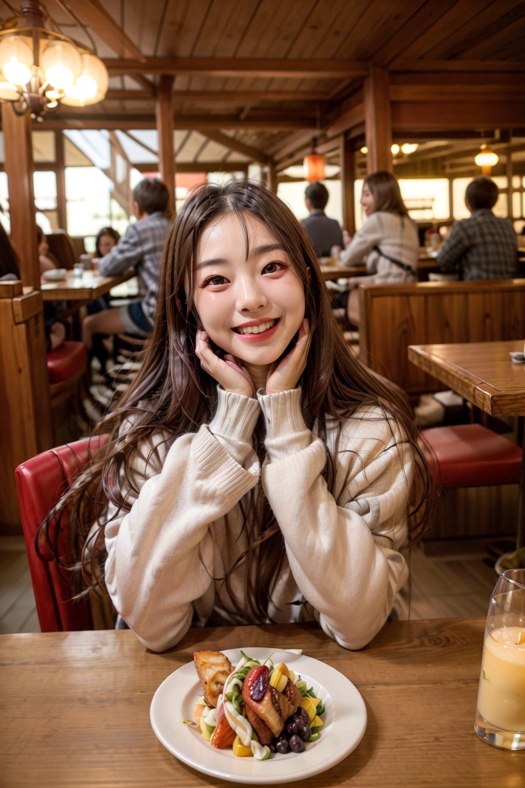 medium shot realistic photo of Buddha, at a resturant eating, on a date, laughing, smiling, romantic lighting, wearing a sweater, highly detailed, 8k, photorealistic, flash lighting, candid,  