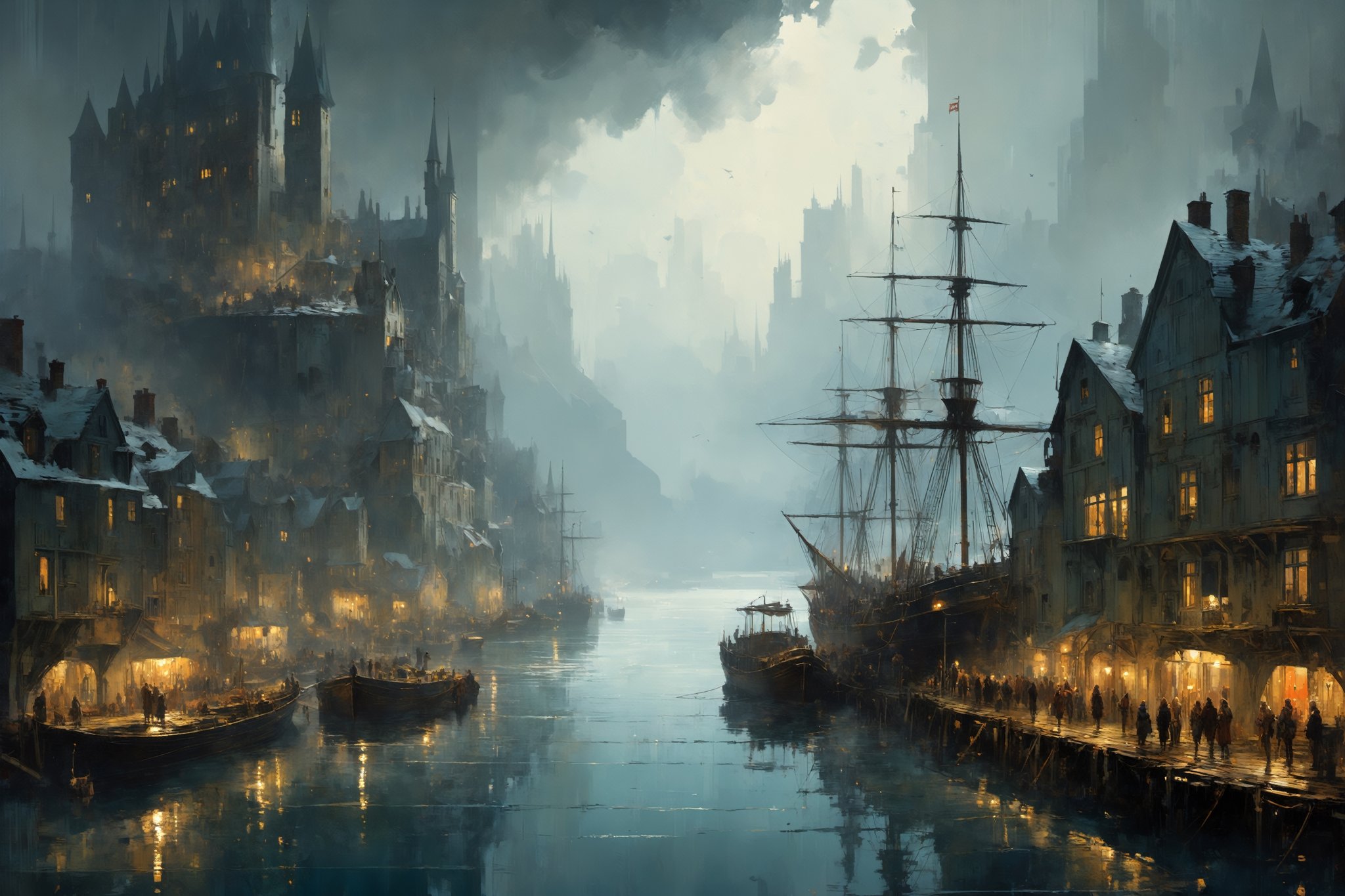  ocean side city, fog, aspen trees, large crowd, giant medieval city, large docks, ships, birds eye view, fantasy, medieval, by Jeremy Mann, Jean Beraud, Andree Wallin, Victor Gabriel Gilbert, Aaron Horkey, shallow depth of field, soft dramatic lighting, Craig Mullins, maximalist, pretty, Ray Tracing, Yoshikata Amano, Edwin Landseer, Ismail Inceoglu, Russ Mills, Victo Ngai, Bella Kotak, perfect composition, amazing depth, DonMD3m0nXL, more detail XL