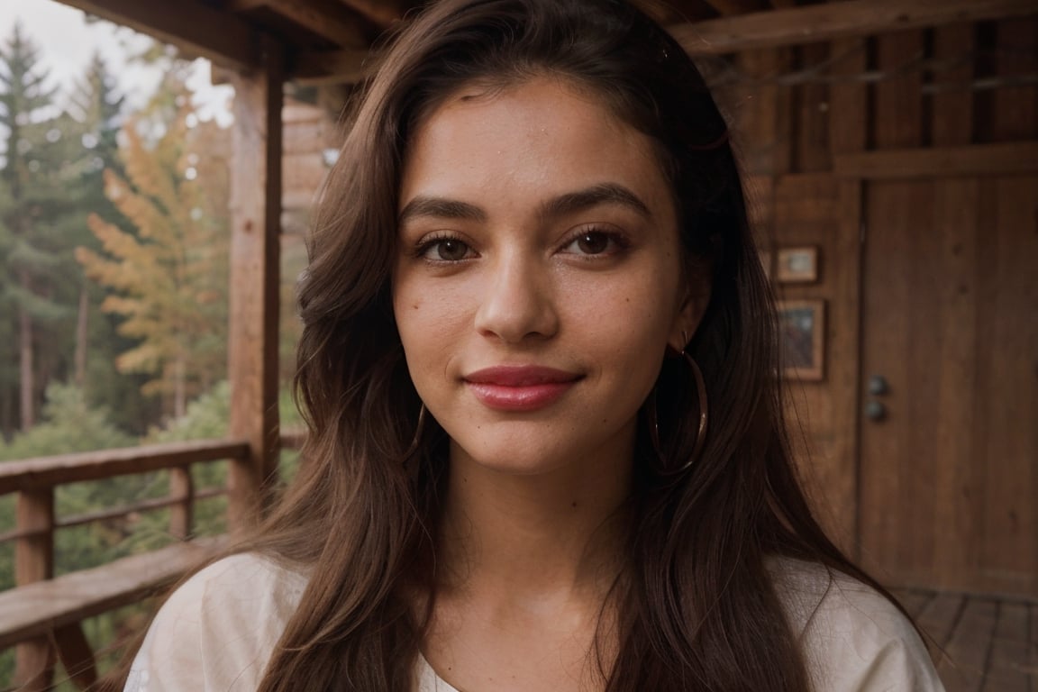 igirl, beautiful latina woman,smiling,  portrait, looking slightly away from camera, standing on a patio of a wood cabin in the woods, solo, having fun,sexy, dark walls, stud earrings, women's watch,  best quality, amazing quality, very aesthetic, (petite), ((small breasts)), insanely detailed eyes, insanely detailed face, insanely detaled lips, insanely detailed hands, insanely detailed hair,  insanely detailed skin, long light brown hair, brown eyes, red lipstick