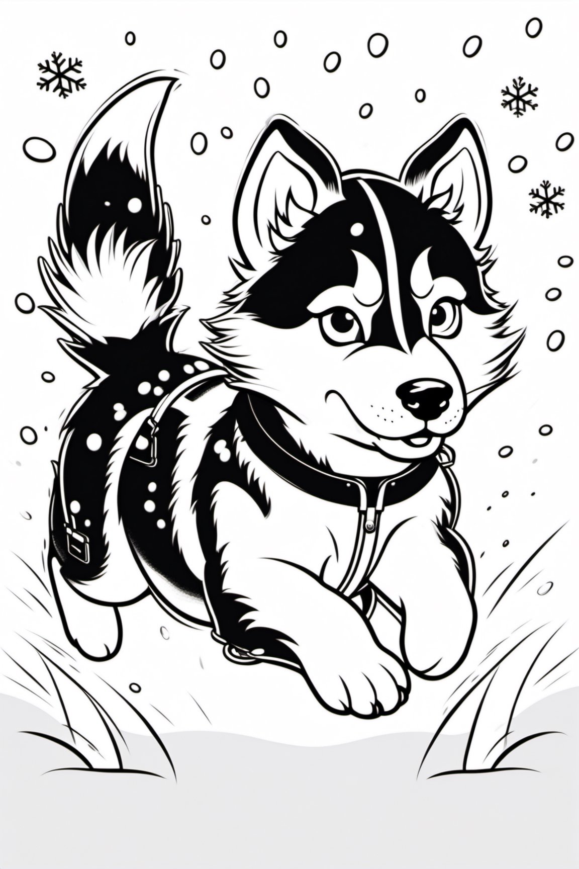 , simple, white background, monochrome, perfectly drawn lines, ,c0l0 style, husky puppy, running in snow, cartoon, line art, no color