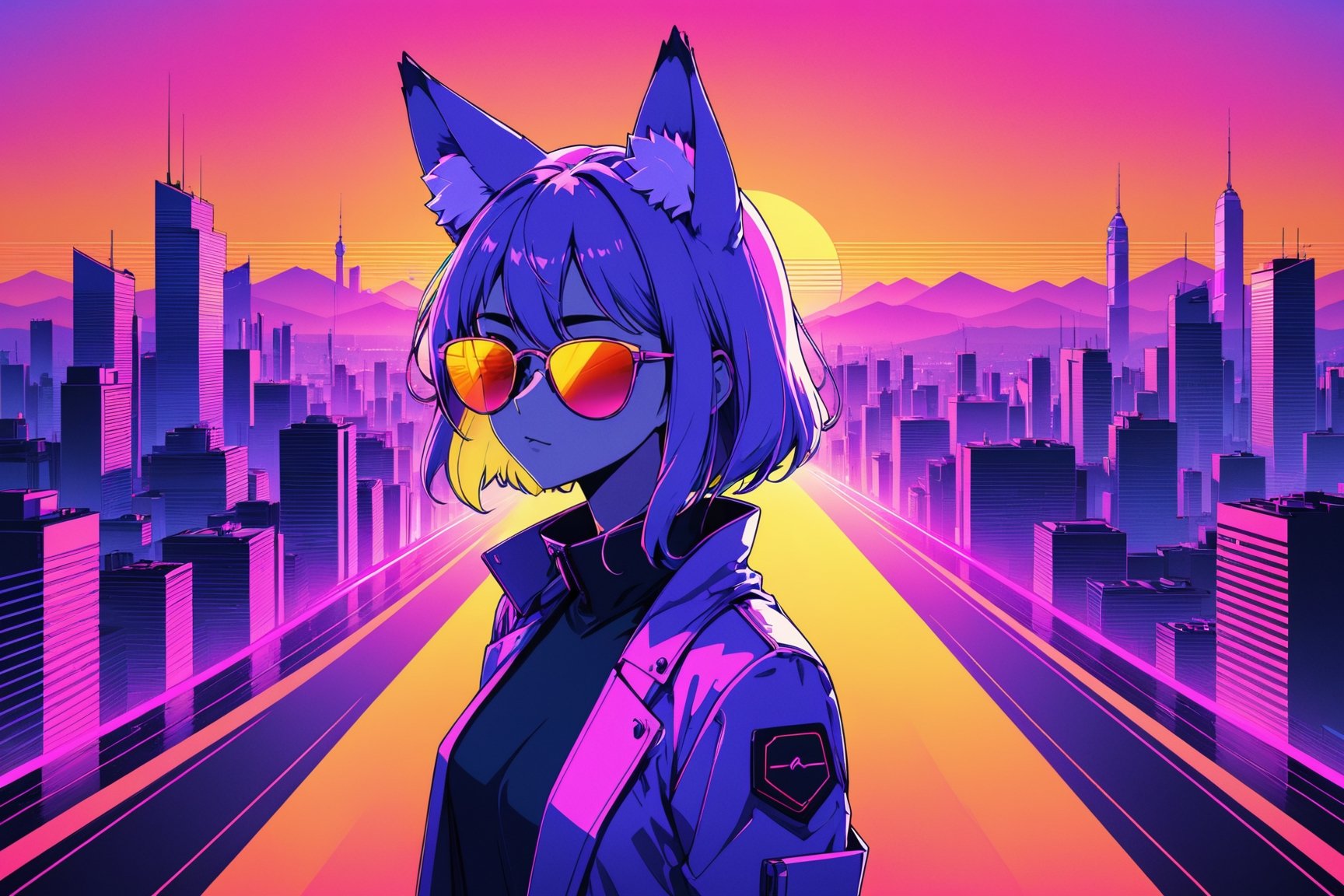 anime opening, 1girl, fox ears, ray bans, synthwave style, digital art, Infra-red, shimmer heat, lineart, skyline in the distance on horizon, orange, pink, blue, purple, indigo, yellow, flat color, low poly vector, wallpaper, highres
