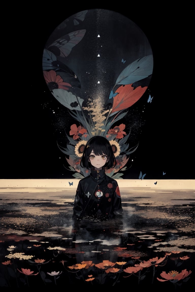 anime, abstract art, (style of Yuko Shimizu:1.3), (dark theme:1.1), dark Gray theme, butterflies, dark stars, 1girl, field of Salmon flowers
