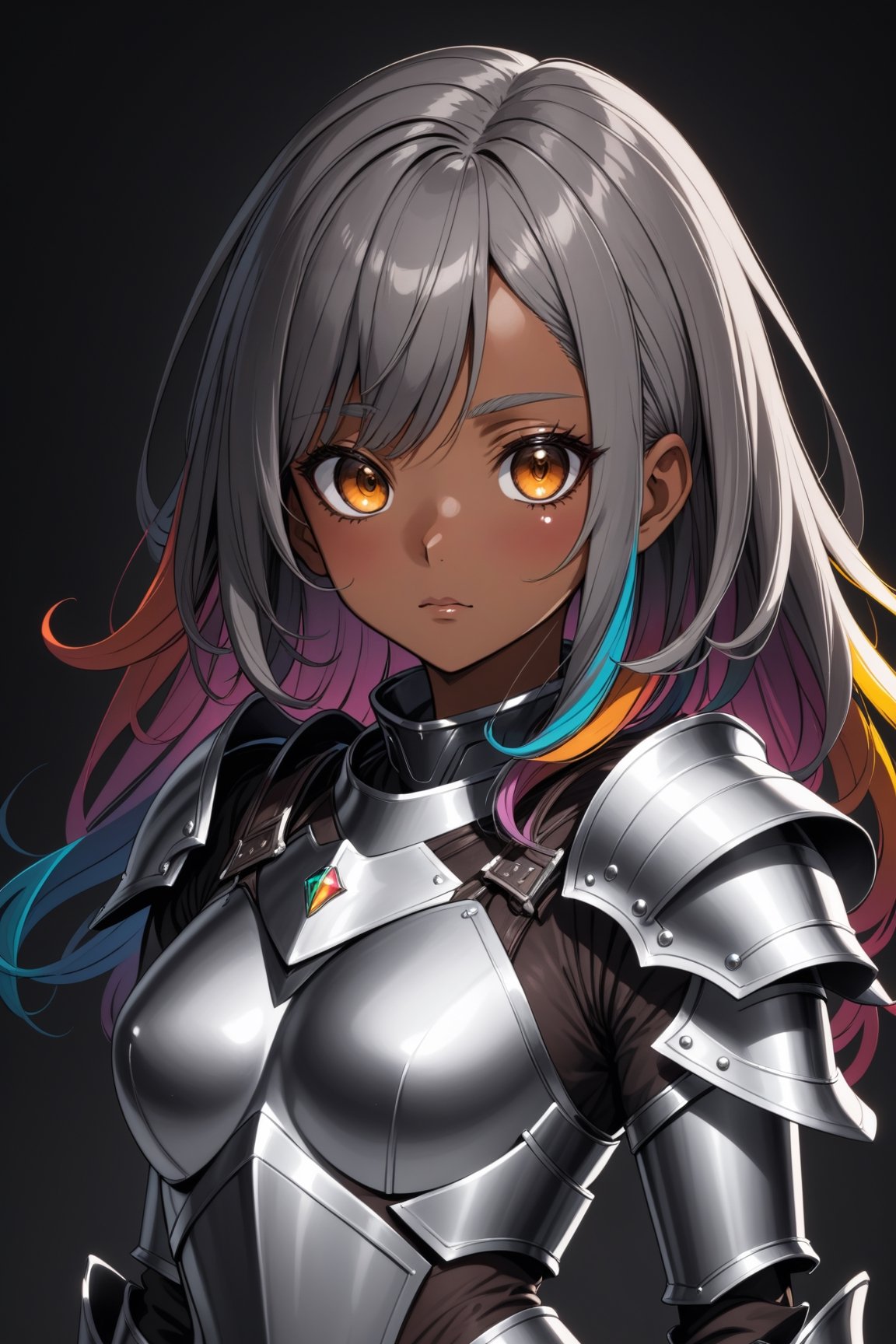 (masterpiece:1.1), (highest quality:1.1), (HDR:1.0), (flat color:0.9), (colorful:1.1), 1girl, armor, hair tubes, (dark skin:1.2), grey eyes, hair intakes. upper body
