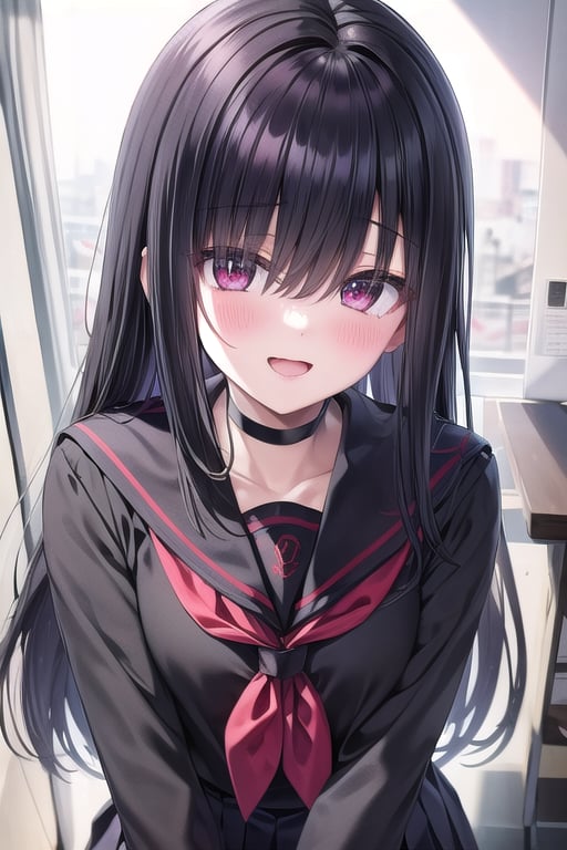 1girl, school_uniform, hair_over_eyes, solo, black_hair, long_hair, looking_at_viewer, black_serafuku, blush, neckerchief, skirt, eyes_visible_through_hair, bangs, open_mouth, choker, sailor_collar, red_eyes, blunt_bangs, smile, red_neckerchief, black_choker, black_sailor_collar,Mob chan,Hair over eyes,hair covering eyes,