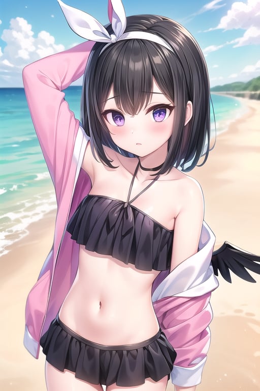 low_wings,purple_eyes,white_bow_hairband,Mashiro summer,open_pink_jacket, beach, sea, sand, black hair, short_hair, navel, navel,short hair,black mini skirt bikini, collarbone, off-shoulder