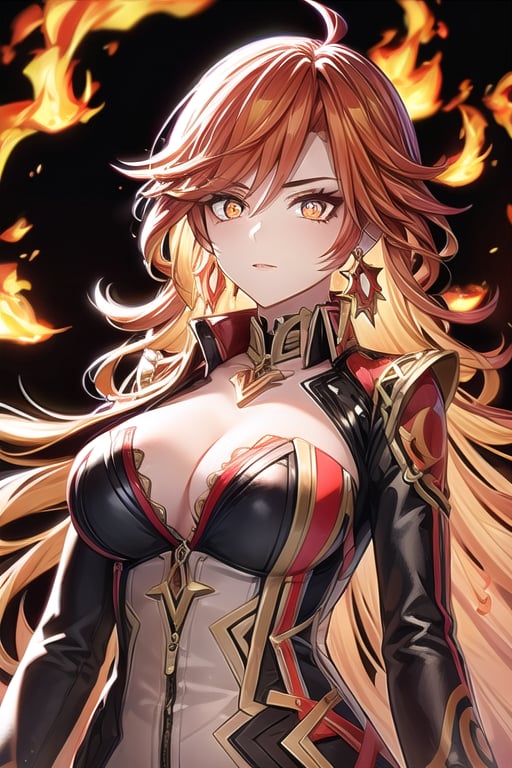 1girl, breasts, jewelry, earrings, solo, long_hair, yellow_eyes, ahoge, looking_at_viewer, large_breasts, xd, bangs, orange_hair, dramatic background, cleavage, single_earring, dress, flame background,mavuika, multicolor_hair, symbol_shaped_pupils, full_body, eyewear_on_head, flames, battle scene, tinted_eyewear, daylight, volcano