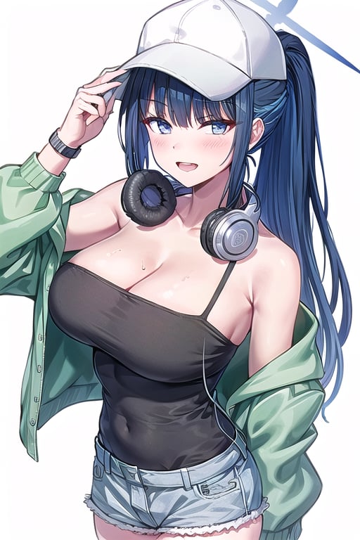 1girl, breasts, hat, headphones, solo, shorts, cleavage, large_breasts, cap, long_hair, jacket, ponytail, looking_at_viewer, denim, denim_shorts, black_camisole, open_clothes, bangs, cowboy_shot, camisole, bare_shoulders, off_shoulder, short_shorts, blush, blue_hair, green_jacket, smile, grey_shorts, open_jacket, sidelocks, collarbone, long_sleeves, casual,blue hair,blue eyes,ahoge, spagetti strap, off shoulder,Saori summer, detail eyes, spaghetti_strap