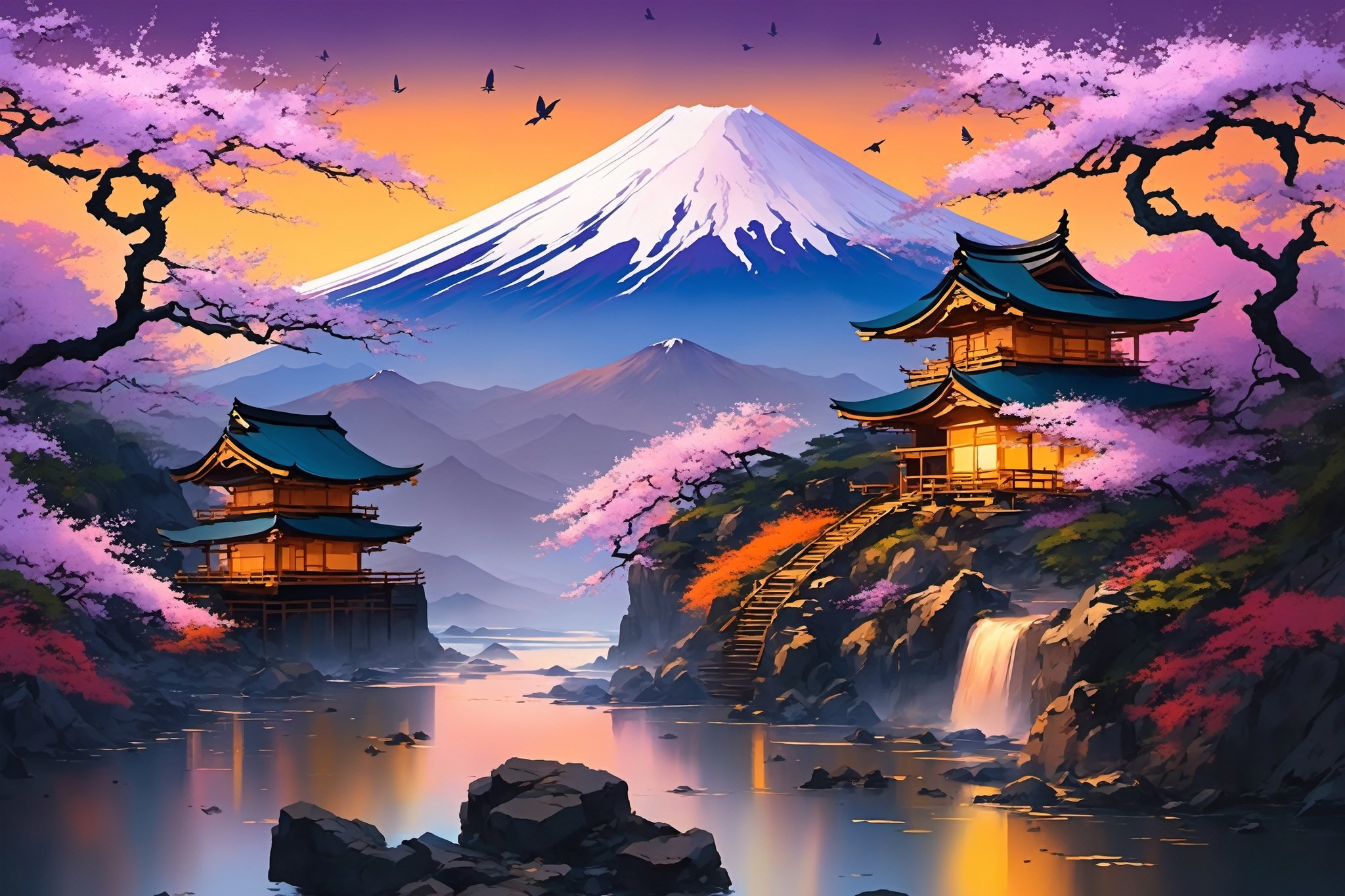 ink scenery, from above mount fuji, cherry blossom tree, rock waterfall hot_spring orange,purple old temple house, glitch effect,art by sargent, sunset blurred color, quiet and calm, tremendous water sparkling, 16k, ultrasharp,shadow birds and butterflys, natural,