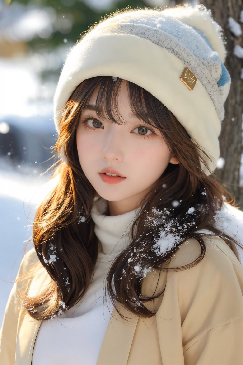 masterpiece, best quality, highly detailed, breasts, photorealistic, dream_girl, ski hat, snow,dreamgirl