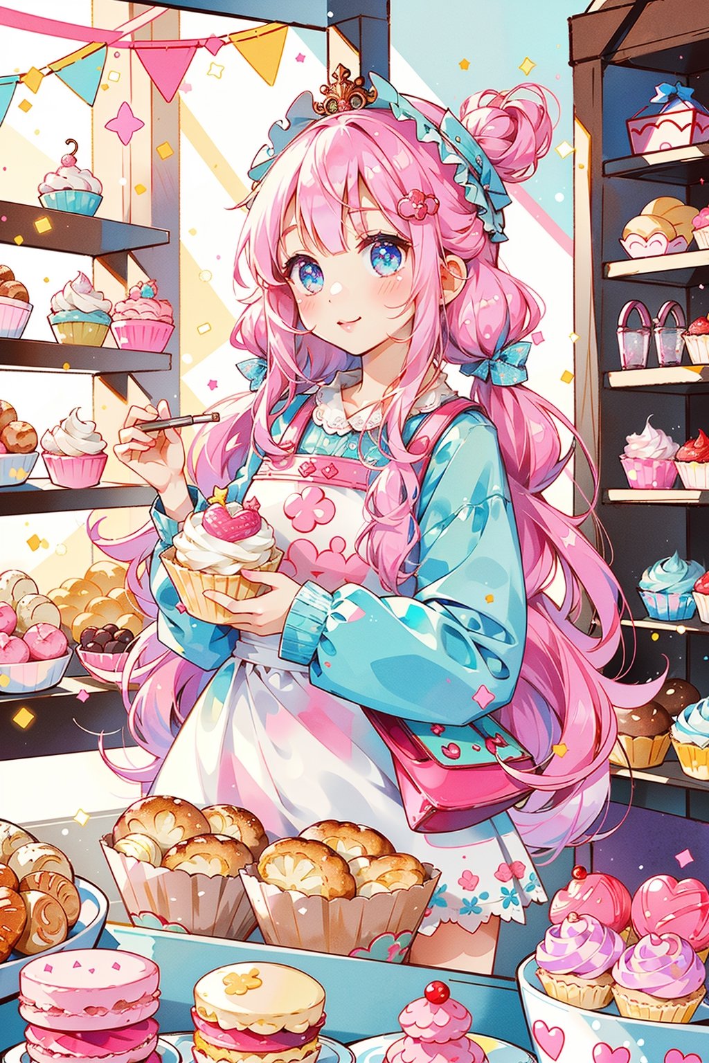 (masterpiece,  best quality,  highres:1.3), ultra resolution image,  (1girl),  (solo),  kawaii, pink hair, blue, (sweet charm:1.4),  pies,  fresh baked bread, macarons, wooden shelves with cupcakes, bakery, shop, scenery, soft, cozy, glitter,Kanna Kamui, 