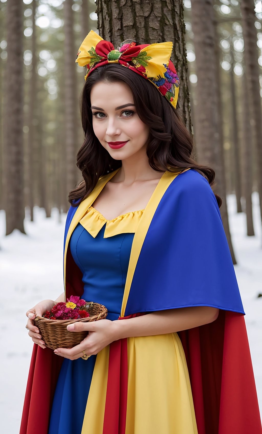 (((Snow White))),young, beautiful face, princess,((fair skin)), ((wearing blue and yellow dress)),((ultra-detailed)), ((a forest with trees, birds, butterflies,flowers)),((a red cape with intricate details)), (holding a basket),black shoes,gentle smile,(red bow on her head),photorealistic