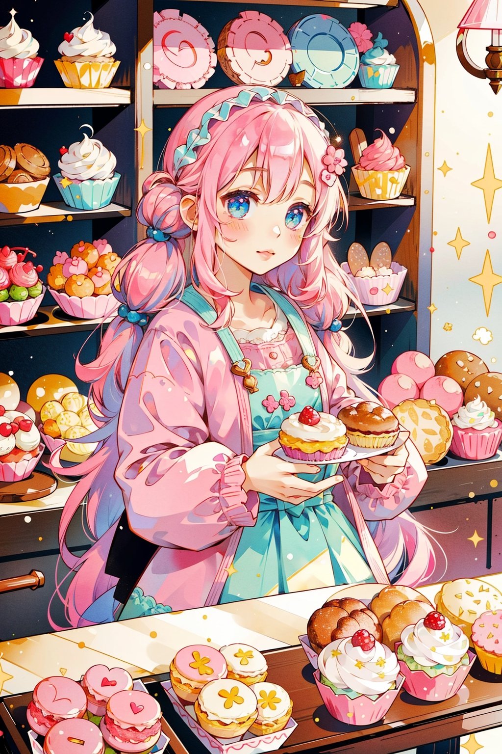 (masterpiece,  best quality,  highres:1.3), ultra resolution image,  (1girl),  (solo),  kawaii, pink hair, blue, (sweet charm:1.4),  pies,  fresh baked bread, macarons, wooden shelves with cupcakes, bakery, shop, scenery, soft, cozy, glitter,Kanna Kamui, 