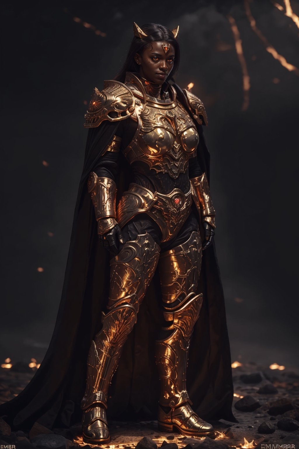 (beautiful 1 girl), dark skin, gold power armor, glowing red eyes, belly button, open shoulders, the perfect body, (little things), crystal hair, full body view, boxer's pose, big tits,chibi, (animal fur), royal cape,emb3r4rmor