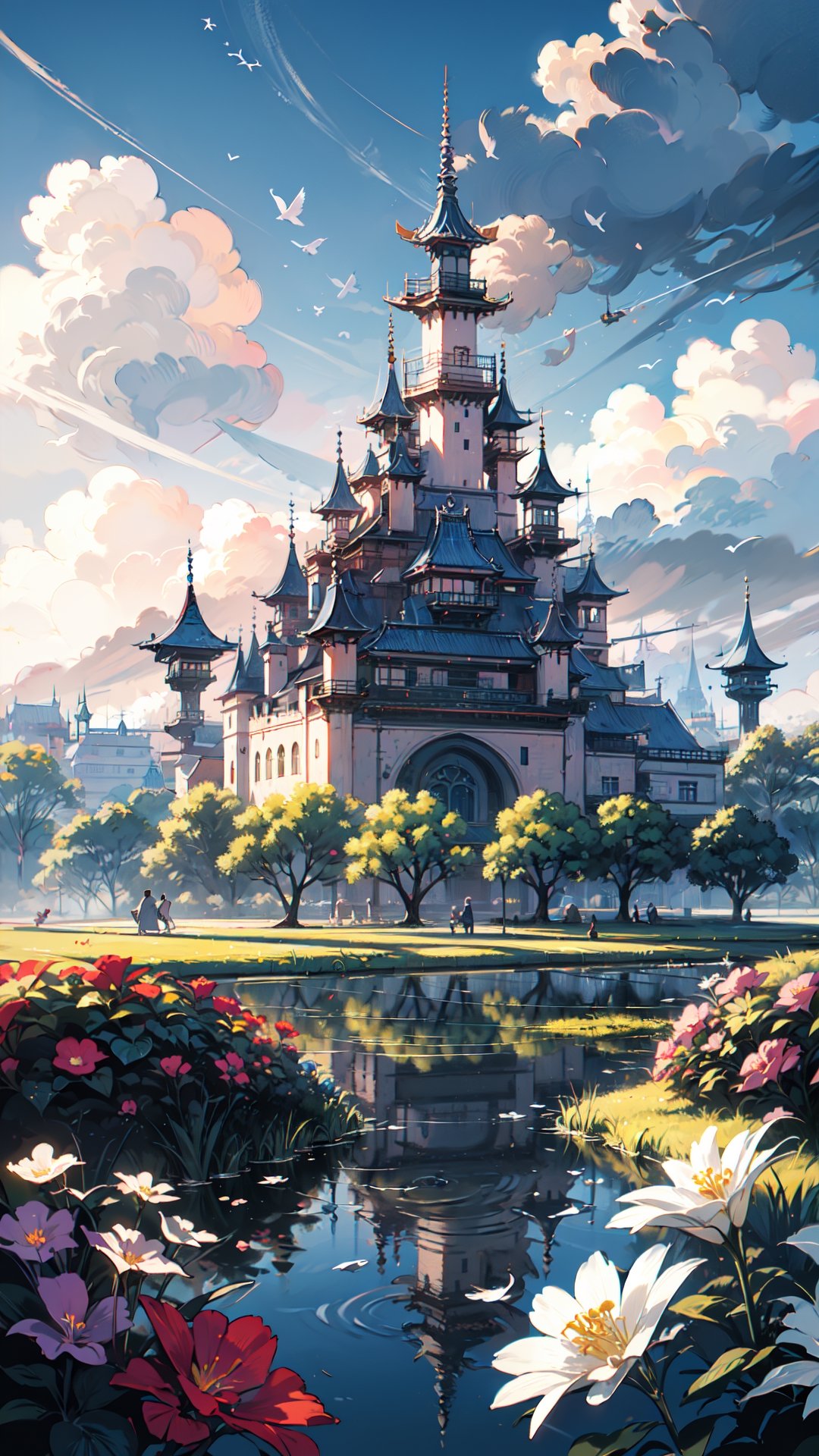 (extremely detailed CG unity 8k wallpaper),(((masterpiece))), (((best quality))), ((ultra-detailed)), (best illustration),(best shadow), ((an extremely delicate and beautiful)),dynamic angle,floating, fairyland,dynamic angle,sea of flowers,beautiful detailed garden,wind,classic,spring, (detailed light),feather, nature, (sunlight), river, forest,(((floating palace))),((the best building)),beautiful and delicate water,(painting),(sketch),(bloom),(shine)