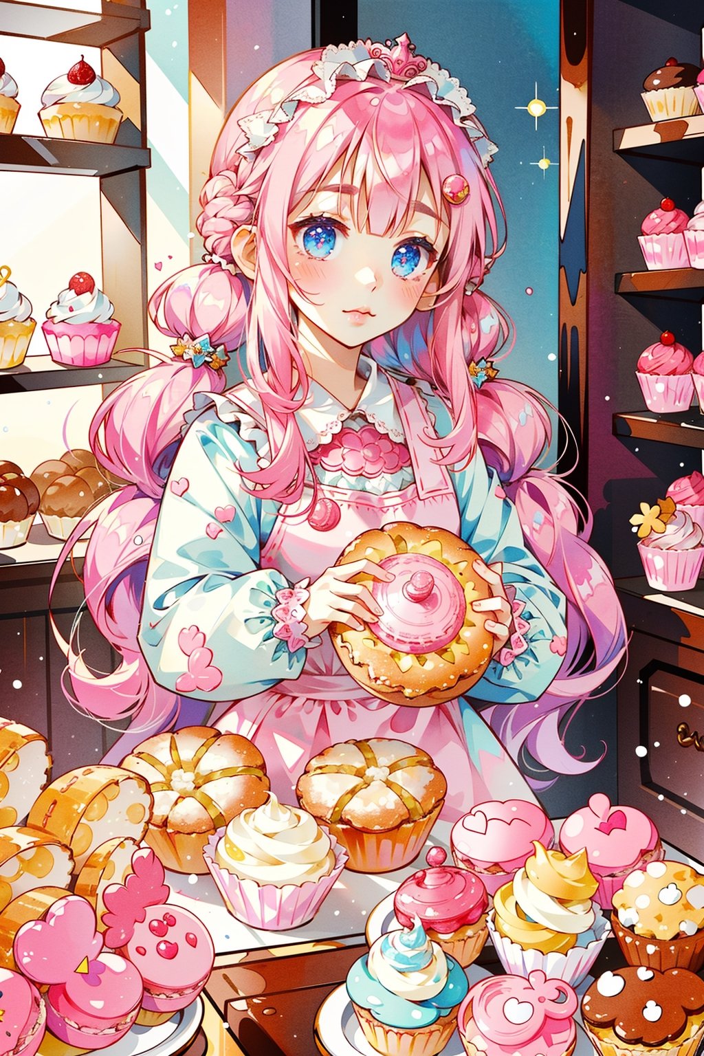 (masterpiece,  best quality,  highres:1.3), ultra resolution image,  (1girl),  (solo),  kawaii, pink hair, blue, (sweet charm:1.4),  pies,  fresh baked bread, macarons, wooden shelves with cupcakes, bakery, shop, scenery, soft, cozy, glitter,Kanna Kamui, 