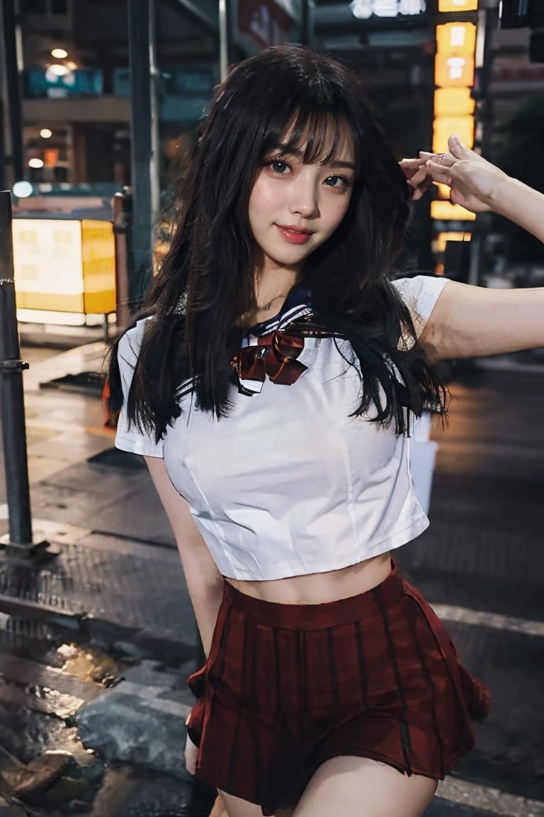 (full body shot), 1girl,  ((busty)) slender Korean girl K-pop idol, long dyed hair, full bang hairstyle, instagram model, 50mm, flash photography, real life, cute face, in Seoul city, at night, tight thin form fitting crop top emphasizing her slender fit body, highschoolgirl, school uniform, crop white shirt, red check mini skirt, no_bra,ion___chu___ , armpit peek