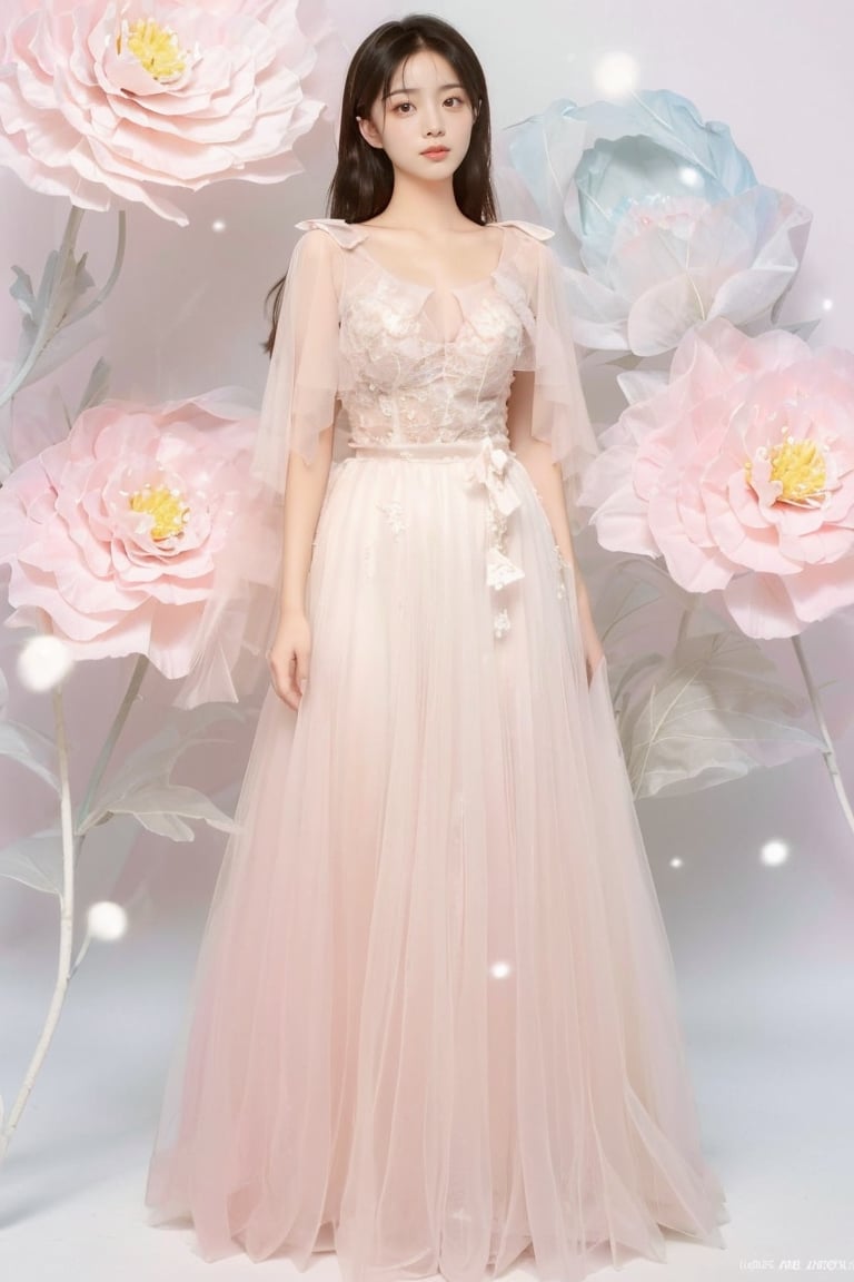 1 girl, solo, 20 year old, full body, light pink upper shan, white chest po skirt, an ethereal goddess draped in a cloud-like gown, white background,giant_flower