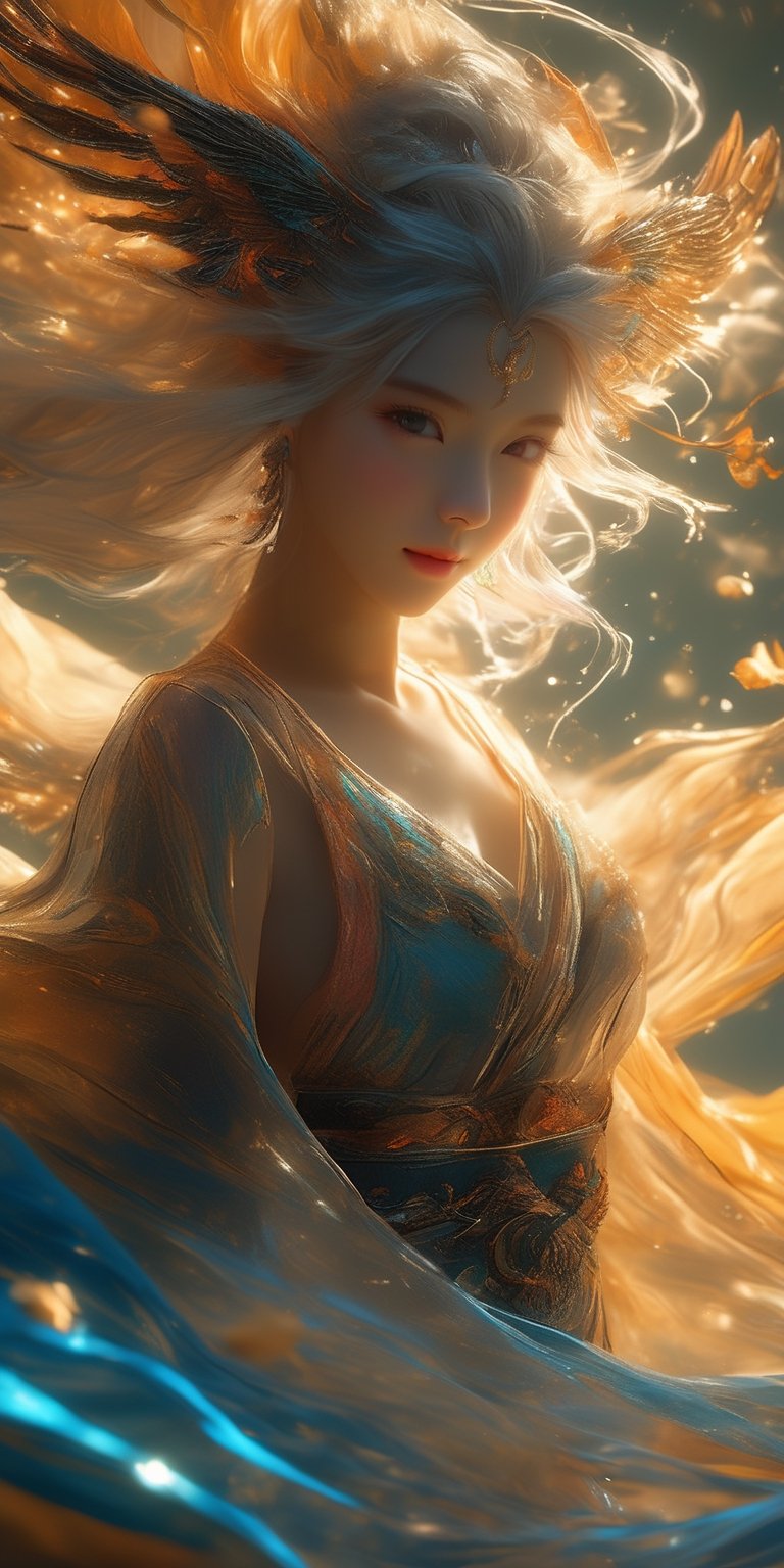 best quality,  extremely detailed,  area lighting in background,  HD,  8k,  extremely intricate:1.3),  fantasy art,  a sexy elf girl, ((white hair)),  long hair,  hair floating in the water, ((glowing yelow wings)), GlowingRunes_, (nude), WaterAI, dunhuang_cloths,dunhuang