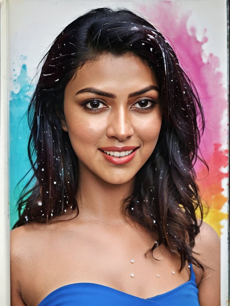 color pencil drawring of AmalaPaul, beautiful, stunning, spiral bound notebook, art by Caran D'Ache Luminance, color splash, water splash, gentle smile, fancy art