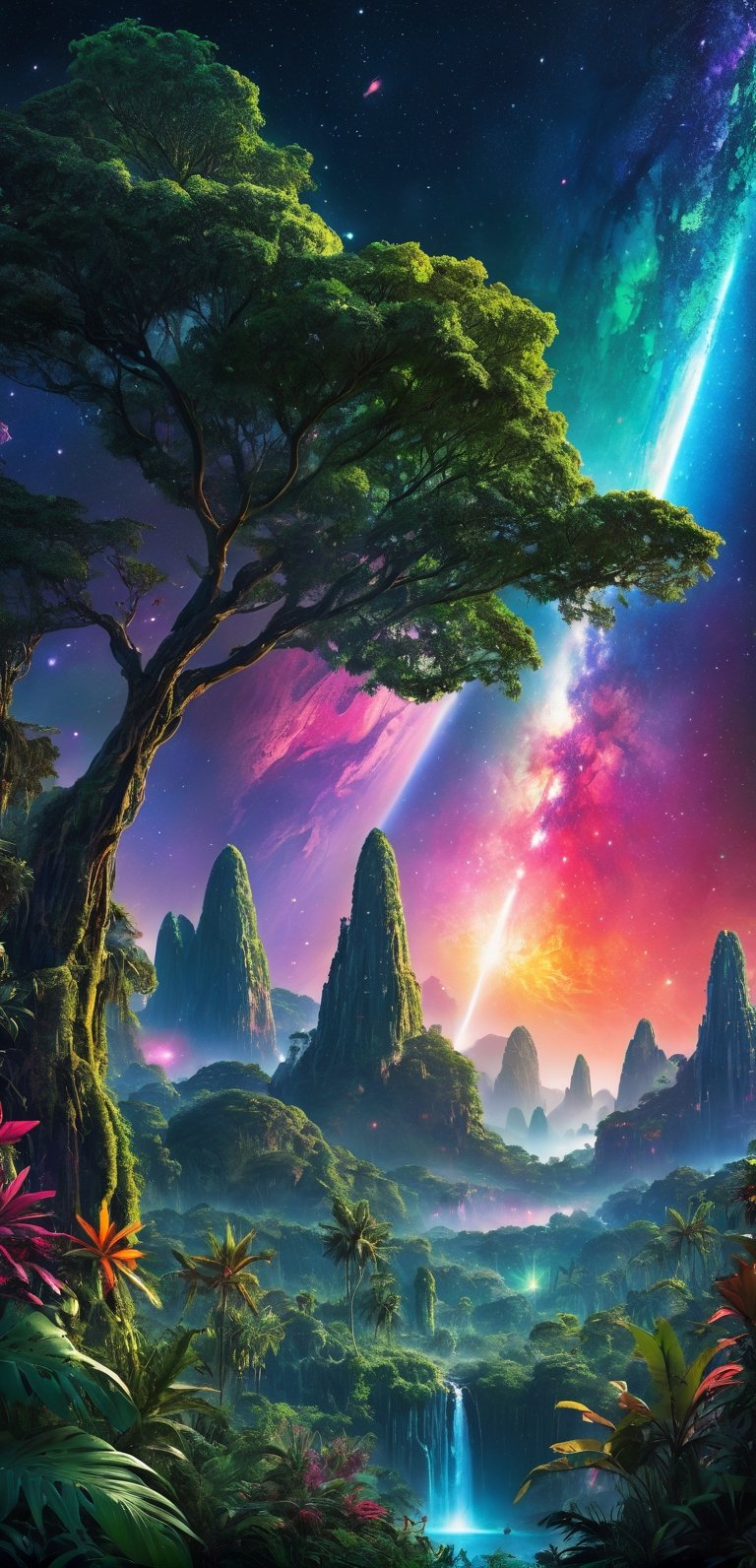 ((best quality)), ((masterpiece)), ((realistic)), (hyper detailed), exotic lush and colorful jungle on an alien planet, Dark Matter, Ethereal, Prismatic Coating, Pitted Surface,, Celestial Event,Meteor Shower,((masterpiece)), 16K, HDR,