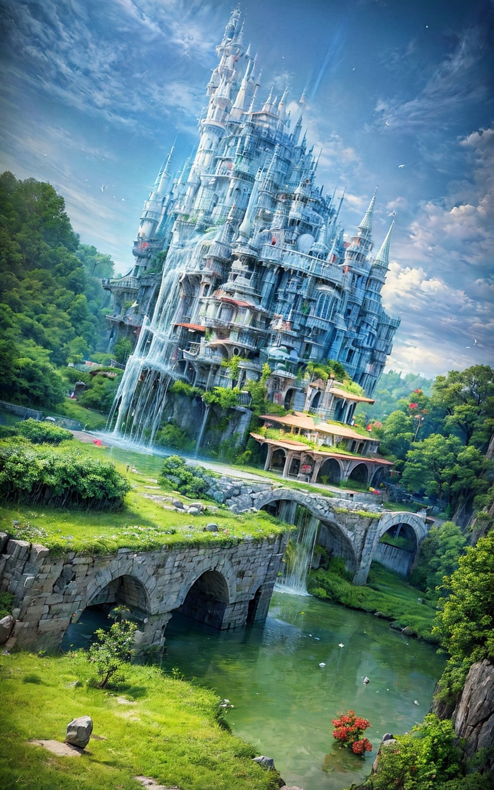 (extremely detailed CG unity 8k wallpaper),(((masterpiece))), (((best quality))), ((ultra-detailed)), (best illustration),(best shadow), ((an extremely delicate and beautiful)),dynamic angle,floating, fairyland,dynamic angle,sea of flowers,beautiful detailed garden,wind,classic,spring, (detailed light),feather, nature, (sunlight), river, forest,(((floating palace))),((the best building)),beautiful and delicate water,(painting),(sketch),(bloom),(shine),lumine_genshin