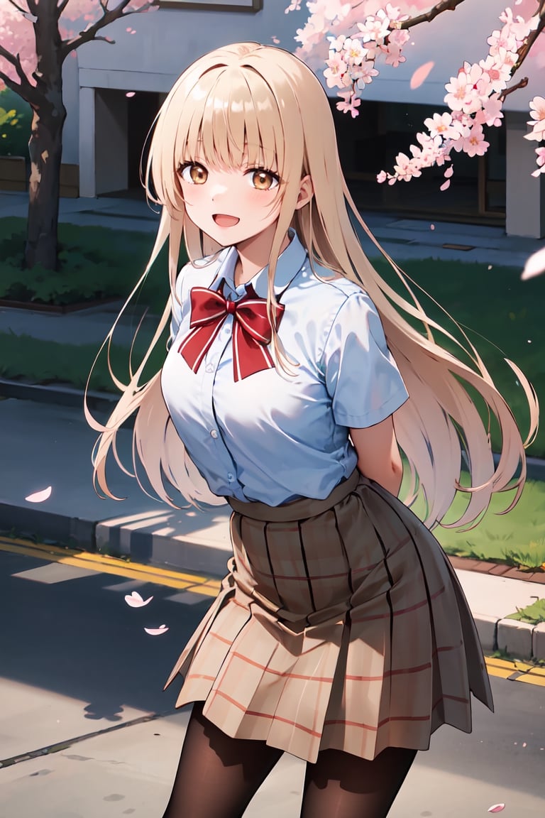 masterpiece, best quality, highres, aamahiru, long hair, red bowtie, white shirt, short sleeves, plaid skirt, brown skirt, pantyhose, , standing, cowboy shot, leaning forward, arms behind back, outdoors, cherry blossoms, smile, open mouth.