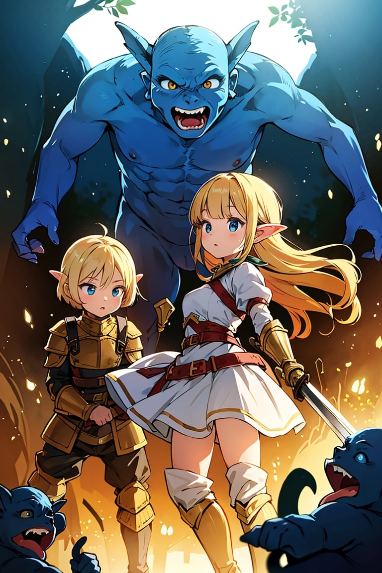 Masterpiece, Top Quality, Ultra High Definition, Maximum Resolution, Very Detailed, Professional Lighting, Anime, Cowboy Shot, 1 Girl, Slender, Very Cute, Young Face, Armoured Dress, Blue and White Armor, Golden Decoration, (Holding a Great Sword: 1.1), Blonde Hair, Blue Eyes, In Combat, (Multiple Goblins: 1.5), Attacking Goblins, Into the Woods